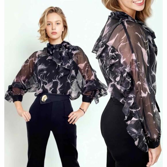 N by Nancy Sheer Long Sleeve Ruffle Top - Picture 6 of 10